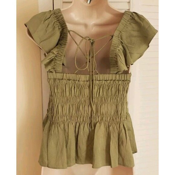 NWT $175 TED BAKER LONDON ALOVIA SMOCKED TOP LACE UP BACK MID-GREEN TOP SZ 2/US6 - Picture 8 of 12